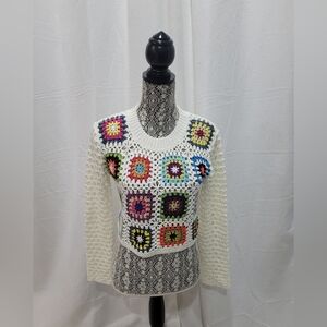 Women's Patchwork Crochet Sweater Size XS MultiColor
